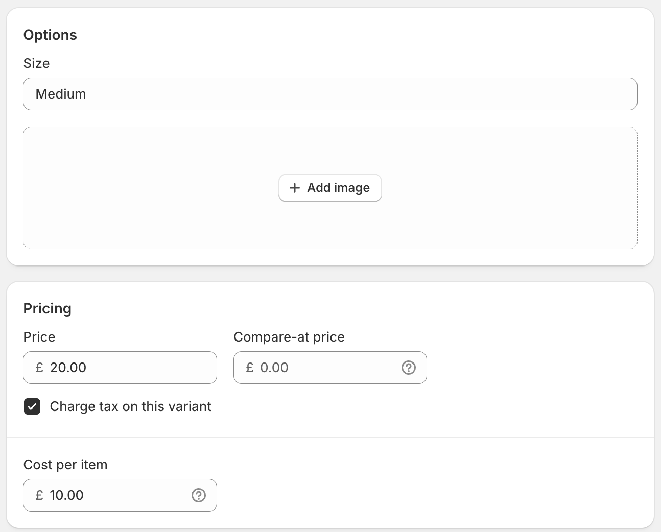Shopify variant pricing interface showing single price and cost per item fields